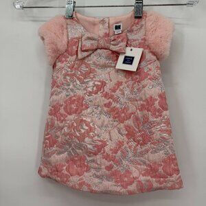Janie and Jack Baby Girl Pink Floral Dress w/ Faux Fur Cap Sleeves – 6–12 Months